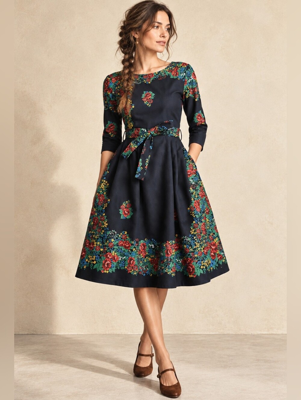 NWT PALAVA UK Beatrice Black Hungarian Flower Retro Belted Midi Dress US 10